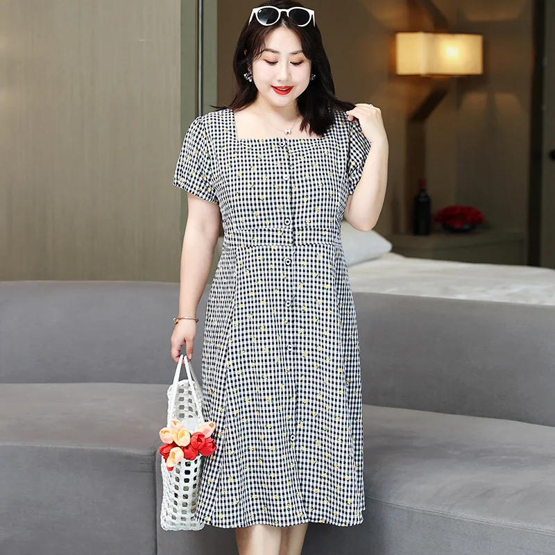 (4XL-8XL) Plus Size Gingham Yellow Flowers Gingham Dress (Extra Big Size) Plus Size Outfit