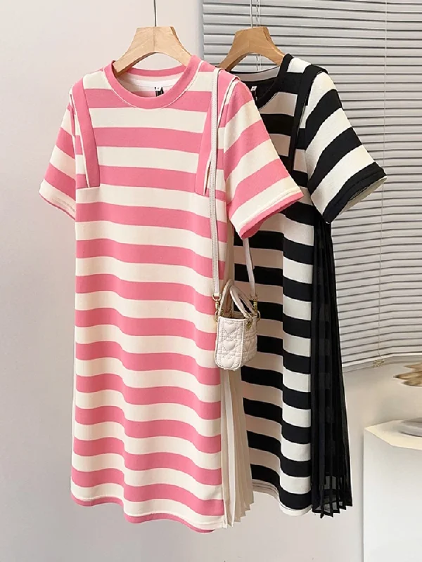 Plus Size Korean Stripes Pleat Side Shift Dress Plus Size Formal