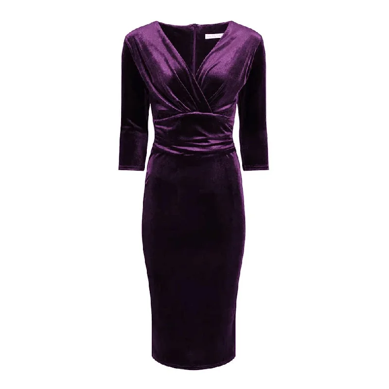 Purple Velour Deep V 3/4 Sleeve Bodycon Ruched Waist Wiggle Dress Bodycon Cocktail Dress