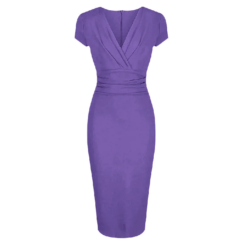 Lilac Deep V Neck Cap Sleeve Ruched Waist Bodycon Wiggle Dress Off-shoulder Bodycon