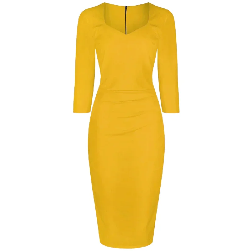 Honey Yellow 3/4 Sleeve Bodycon Pencil  Dress Stretch Bodycon Dress