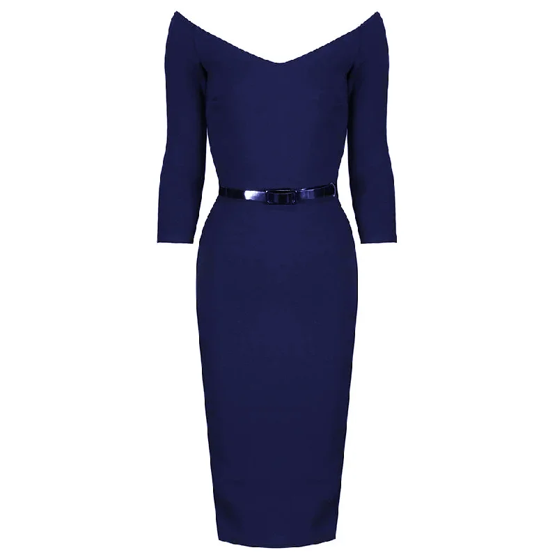 Navy Blue Wide V Neck 3/4 Sleeve Vintage Belted Bodycon Pencil Dress Luxe Bodycon Dress