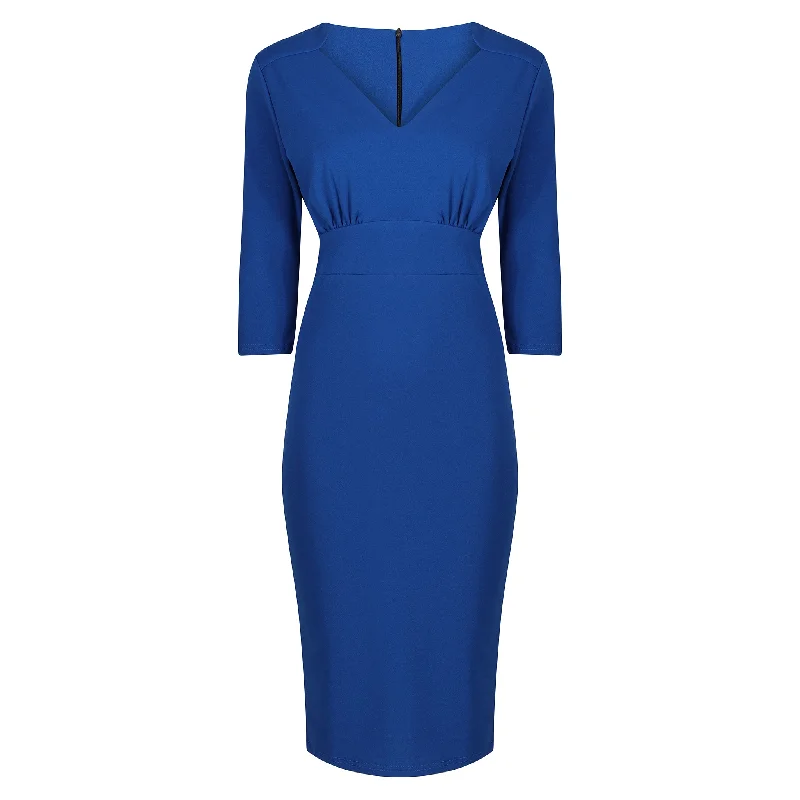 Royal Blue Vintage 3/4 Sleeve Bodycon Midi Pencil Dress V-neck Bodycon Dress