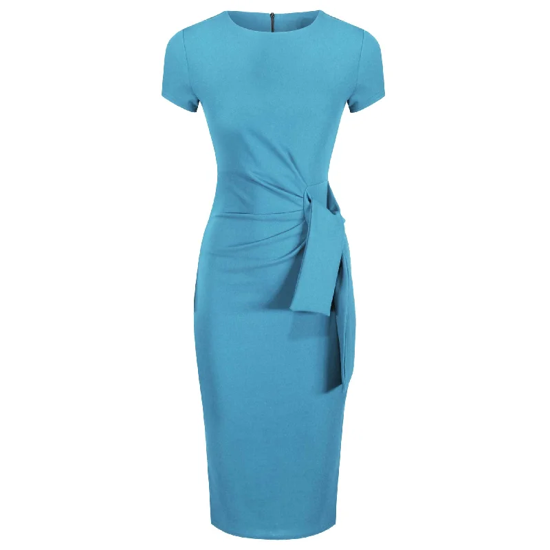 Pretty Blue Short Sleeve Ruched Tie Bodycon Pencil Dress Sexy Bodycon Dress