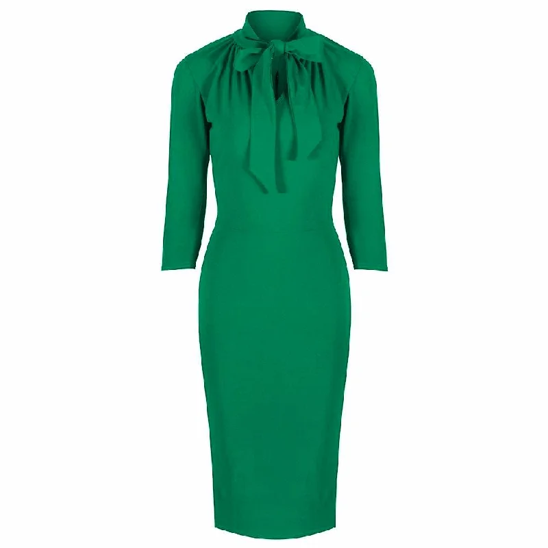 Green 3/4 Sleeve Tie Neck Bodycon Pencil Dress Form-fitting Bodycon Dress