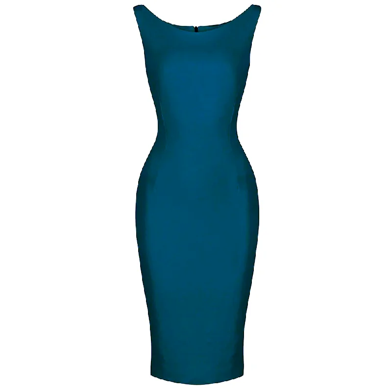 Teal Blue 40s Hollywood Style Sleeveless Bodycon Wiggle Dress Bodycon Midi Dress