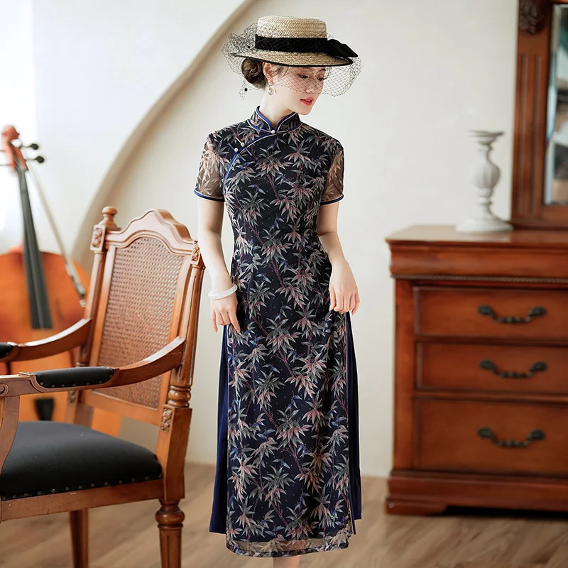 (M-4Xl) Plus Size Stretchy Leafs A Line Navy Cheongsam Dress Stylish Plus Gown