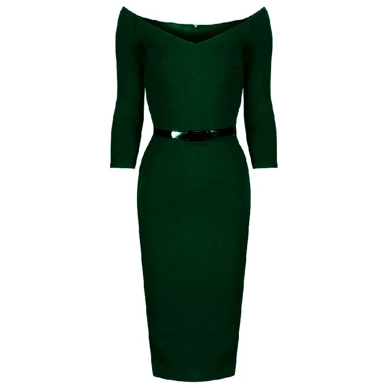 Forest Green Wide V Neck 3/4 Sleeve Belted Bodycon Pencil Dress Party Bodycon Dress