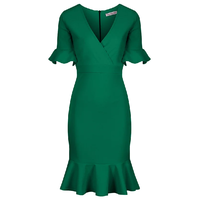 Emerald Green 1/2 Sleeve Fishtail Peplum Hem V Neck Bodycon Pencil Dress Strappy Bodycon Dress