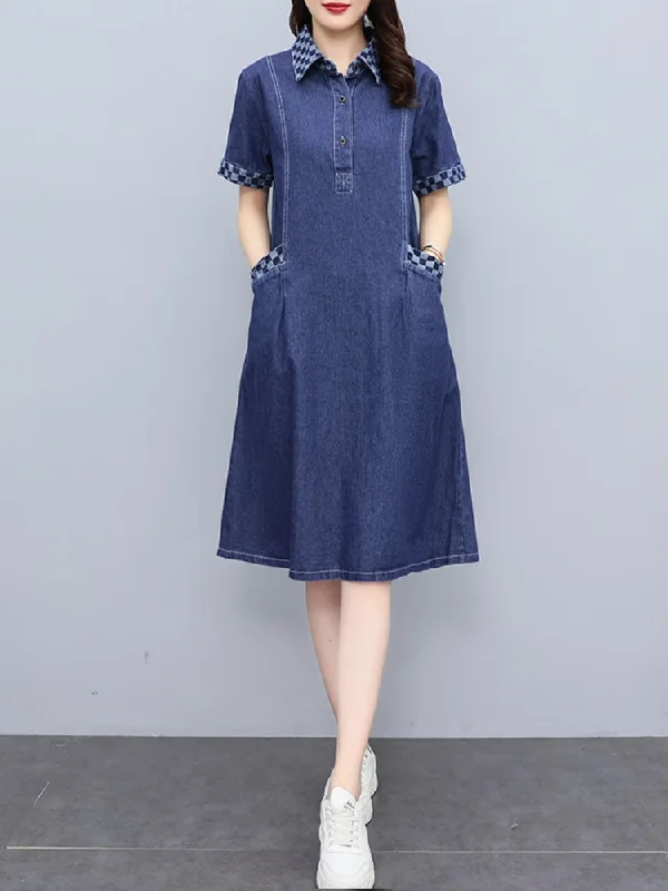 Plus Size Denim Pockets A Line Shirt Dress Flattering Plus Dress