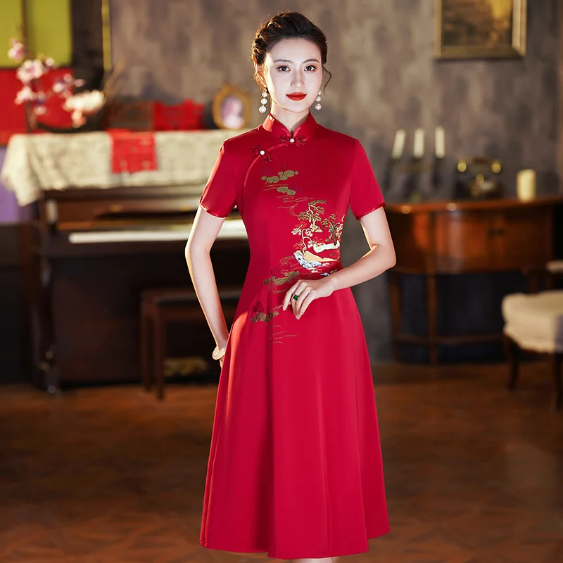 (M-5Xl) Plus Size Oriental Embroidery Red A Line Cheongsam Dress (Suitable For Mother Of The Bride / Groom) Plus Size Long-sleeve