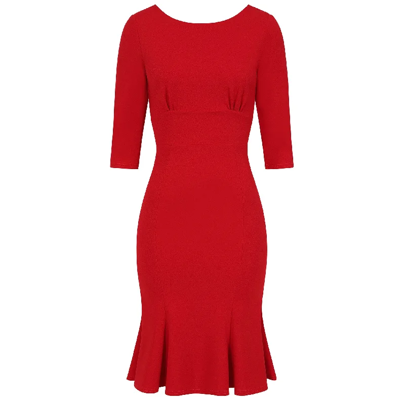 Red 1940's Vintage 3/4 Sleeve Bodycon Peplum Hem Dress Bodycon Dress Casual