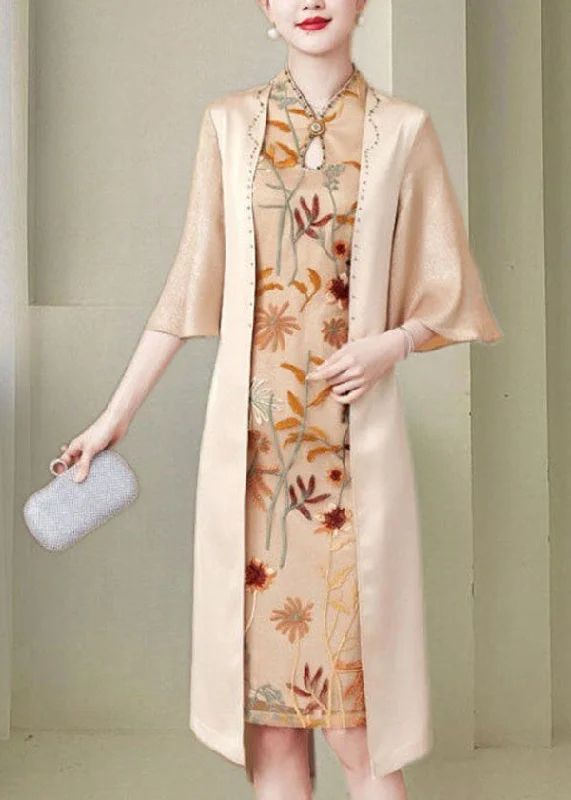 Women Apricot Stand Collar Zircon Silk Bodycon Dress Butterfly Sleeve Bold Bodycon Style