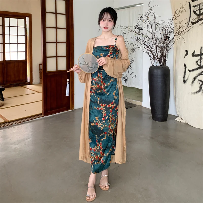 Plus Size Oriental Modern Drape Dress and Long Cardigan Set Plus Size Ruffles