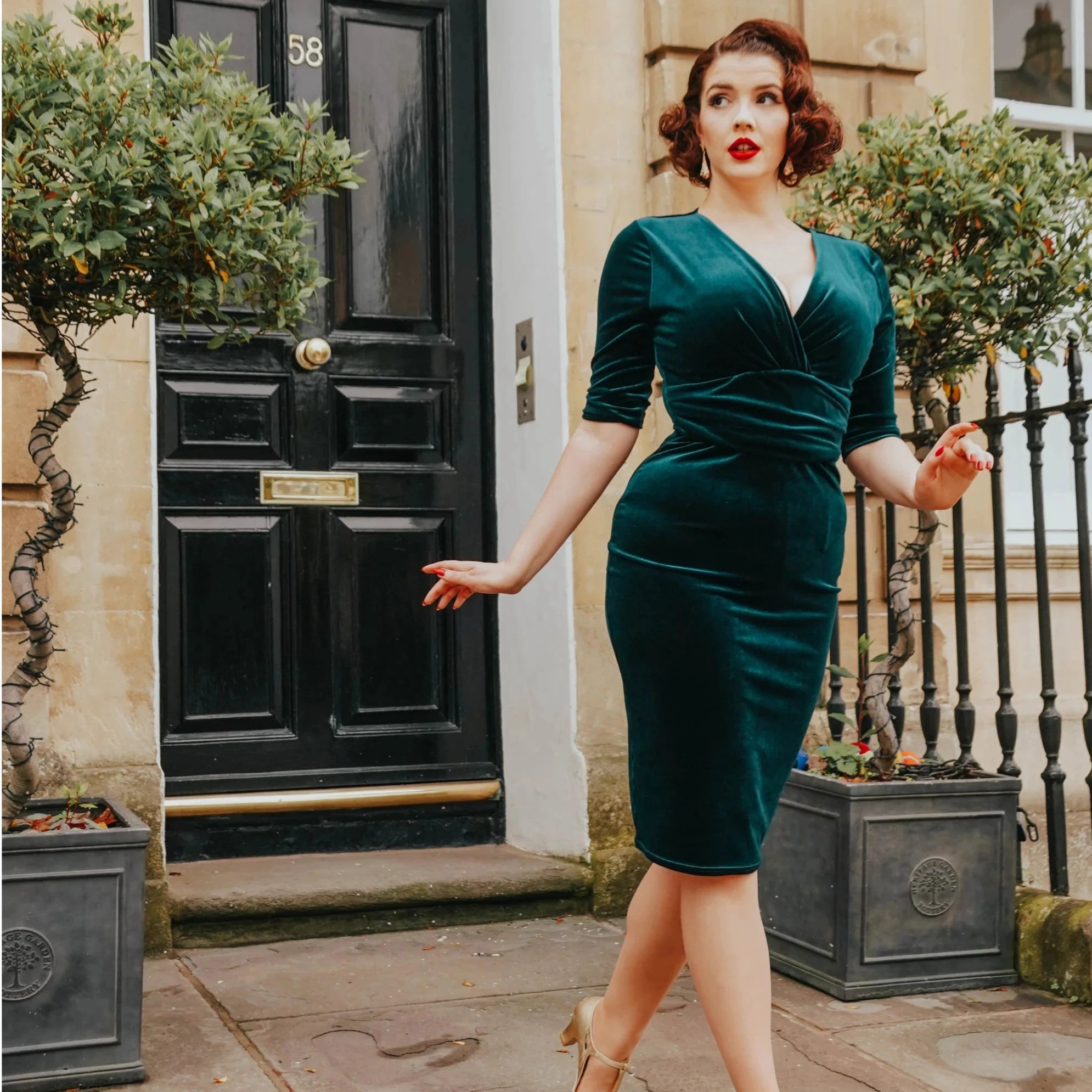 Emerald Green Velour Deep V 3/4 Sleeve Bodycon Ruched Waist Wiggle Dress Glam Bodycon Dress