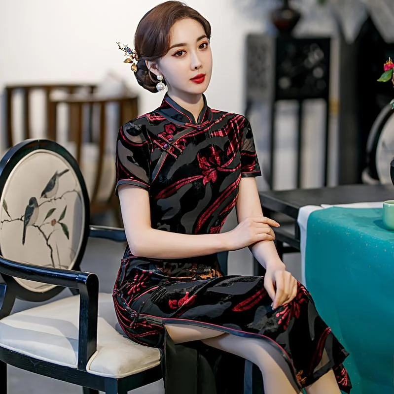 (S-5Xl) + Custom Size Plus Size Black Red Modern Oriental Cheongsam Evening Dress (Mother Of The Bride / Groom Suitable) Bold Plus Gown