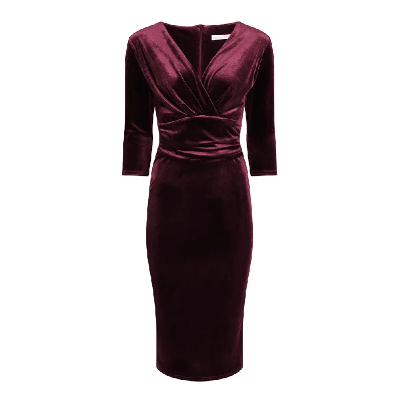 Claret Red Velour Deep V 3/4 Sleeve Bodycon Ruched Waist Wiggle Dress Elegant Bodycon Dress