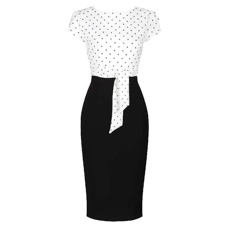 White And Black Polka Dot Print Tie Front Bodycon Midi Dress Sexy Red Bodycon