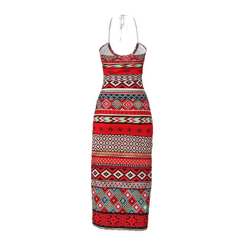 All-Over Indigenous Print Women's Tied Backless Cut-out Bodycon Dress Fitted Mini Bodycon