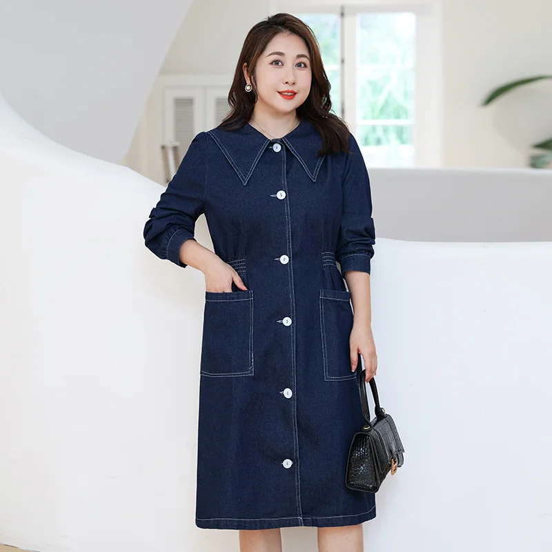 Plus Size Preppy Denim Long Sleeve Shirt Dress (Extra Big Size) Sleeveless Plus Dress