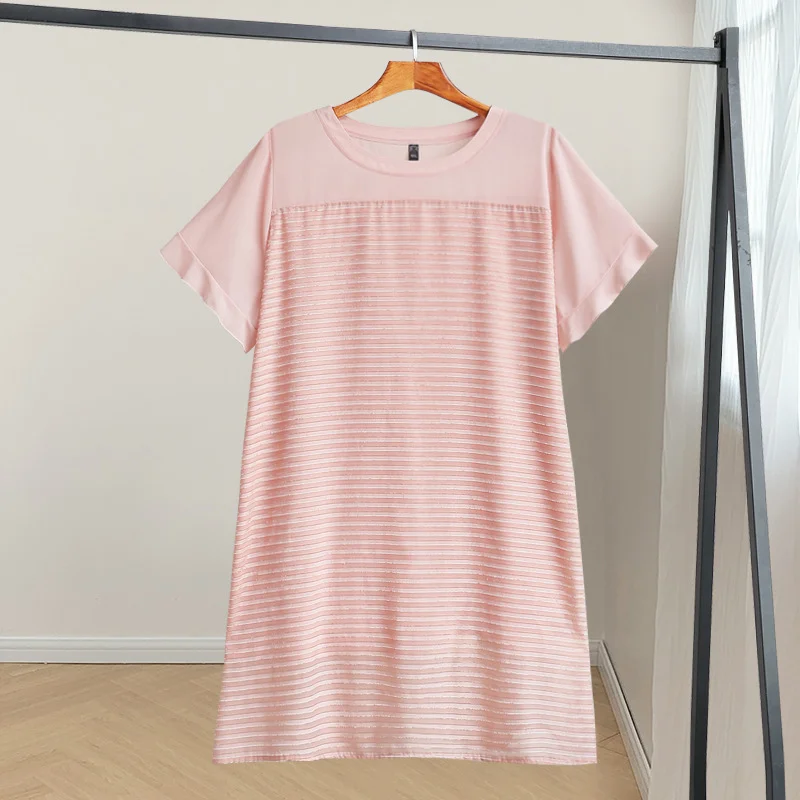 (4XL-10XL) Plus Size Pink Stripes Chiffon Short Sleeve Dress (EXTRA BIG SIZE) Stylish Plus Size