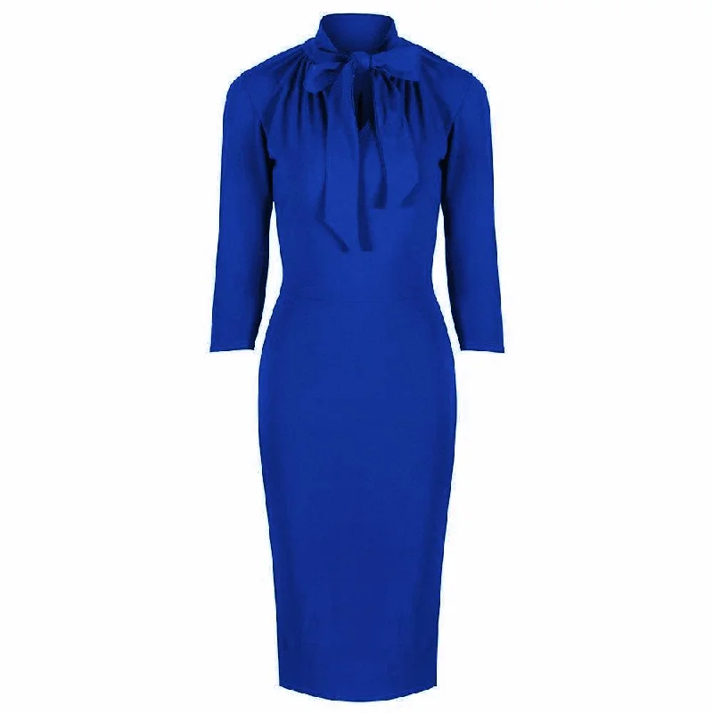 Royal Blue 3/4 Sleeve Tie Neck Bodycon Pencil Dress Velvet Bodycon Dress