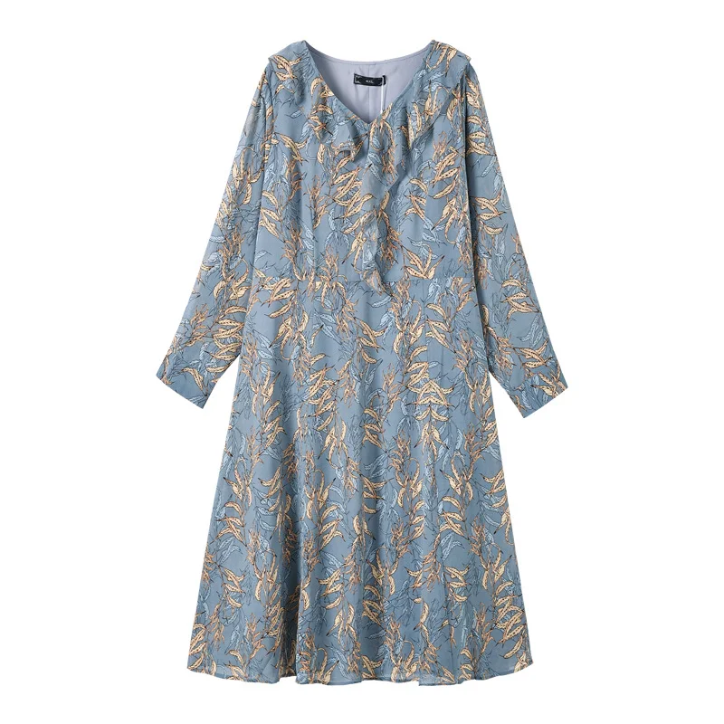 (4XL-10XL) Plus Size Blue Print V Neck Long Sleeve Dress (EXTRA BIG SIZE) Plus Size Cowl-neck