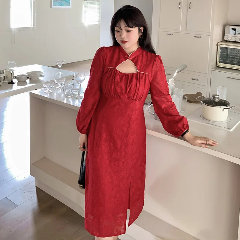 Plus Size Modern Lace Long Sleeve Cheongsam Dress Plus Size Sleeveless