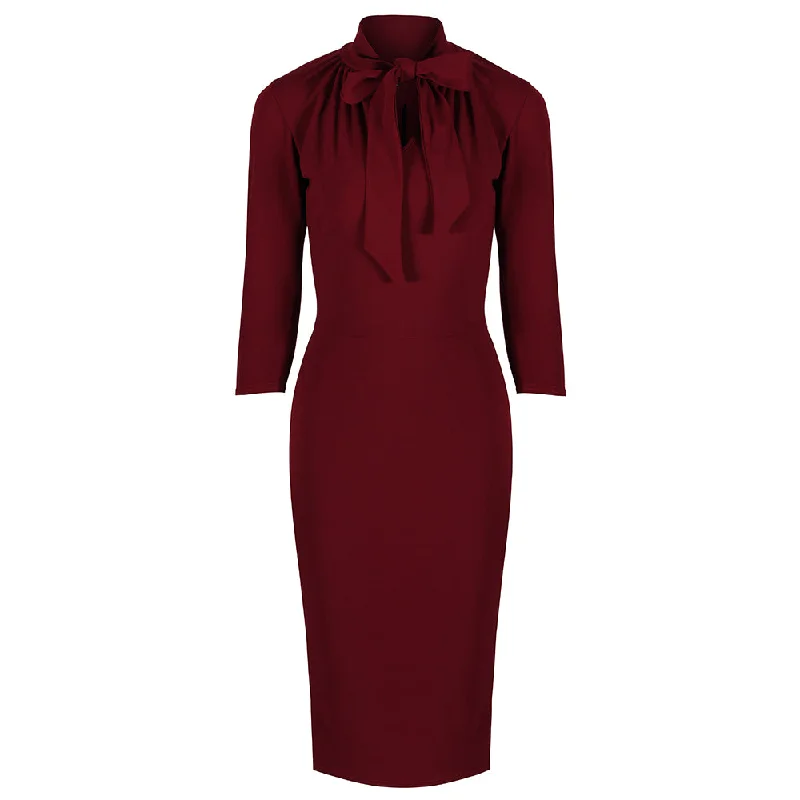 Wine Red 3/4 Sleeve Tie Neck Bodycon Pencil Dress Sparkling Bodycon Dress