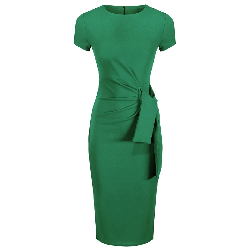 Emerald Green Short Sleeve Ruched Tie Bodycon Pencil Dress Bodycon Dress Trend