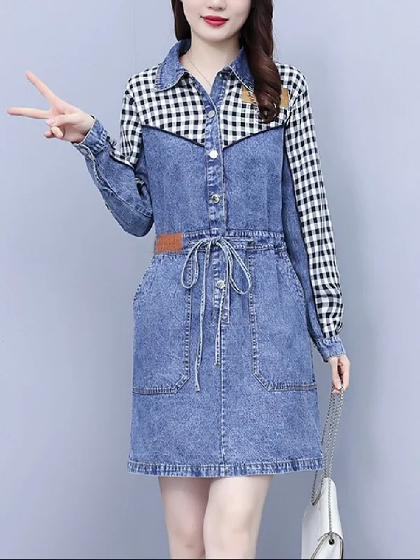 Plus Size Patchwork Long Sleeve Denim Shirt Dress Comfortable Plus Gown