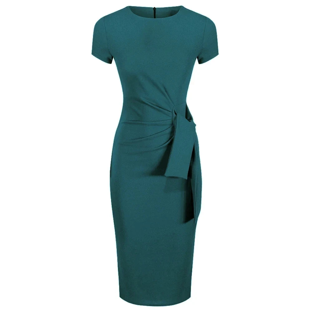 Teal Short Sleeve Ruched Tie Bodycon Pencil Dress Stylish Mini Bodycon