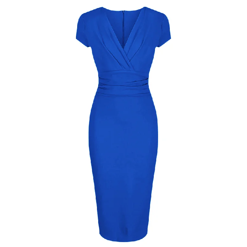 Royal Blue Deep V Cap Sleeve Bodycon Ruched Waist Wiggle Dress Bodycon Fashion Dress