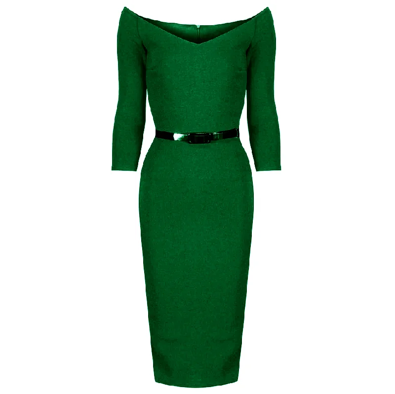 Emerald Green Wide V Neck 3/4 Sleeve Belted Bodycon Pencil Dress Stylish Bodycon Gown