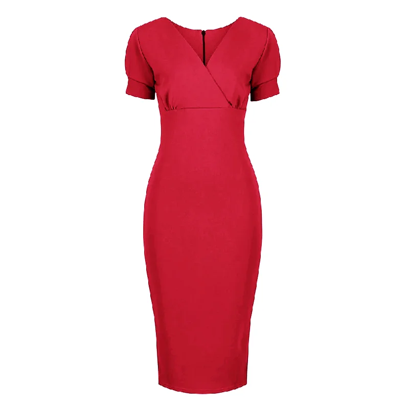 Red Puff Sleeve V Neck Bodycon Pencil Dress Classic Black Bodycon