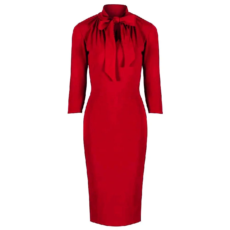 Red 3/4 Sleeve Tie Neck Bodycon Pencil Dress Bodycon Dress Fit