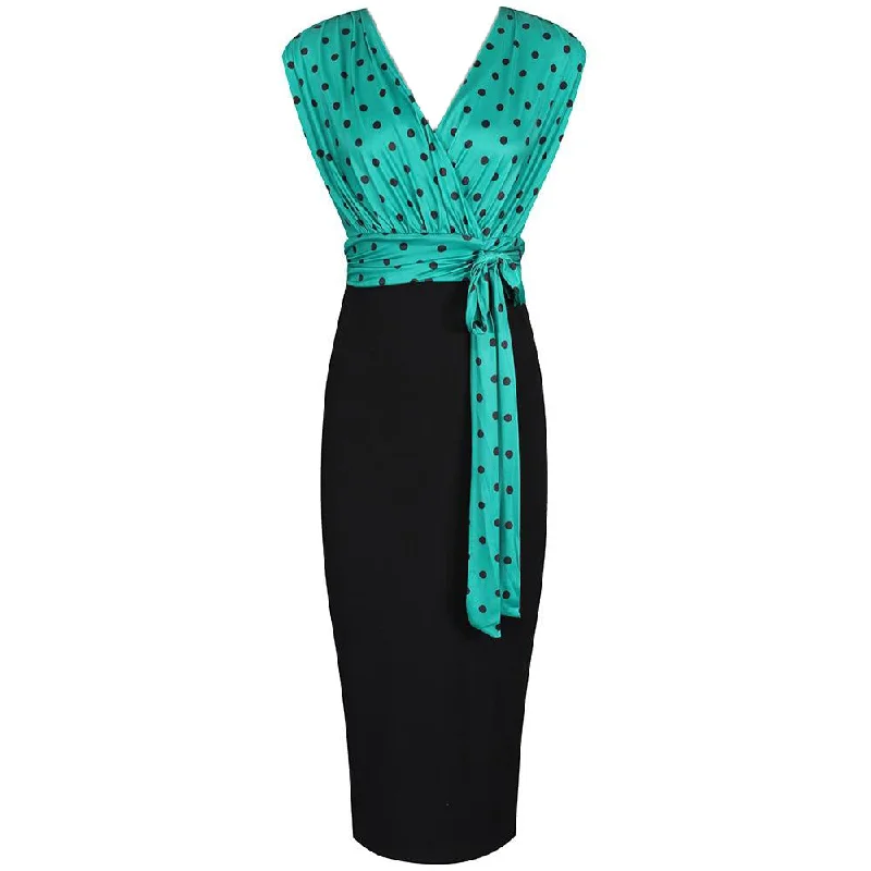 Jade Green And Black Polka Wrap Effect Bodycon Midi Dress Bodycon Pencil Dress