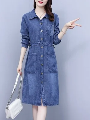 Plus Size Pockets Denim Long Sleeve Shirt Dress Casual Plus Dress