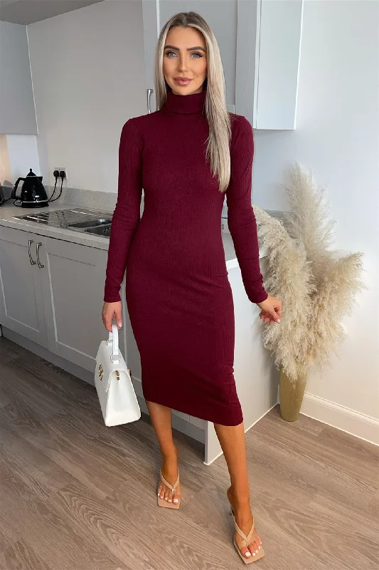 Long Sleeves Turtle Neck Bodycon Knitted Midi Dress In Burgundy Bodycon Dress Classic