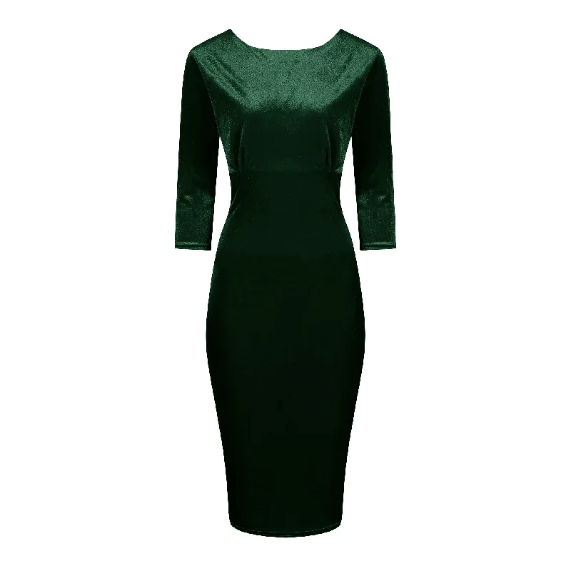 Green Velour Boatneck 3/4 Sleeve Bodycon Gathered Waist Wiggle Dress Black Bodycon Dress