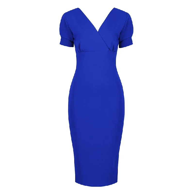 Royal Blue Puff Sleeve V Neck Bodycon Pencil Dress Bodycon Evening Gown