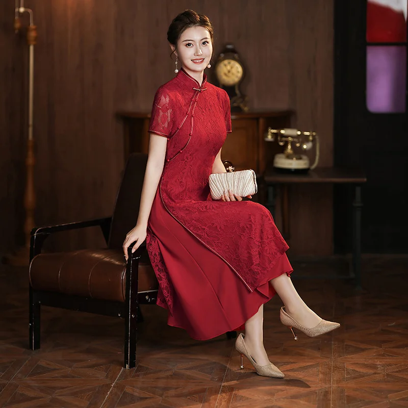 (M-5Xl) Plus Size Red Lace A Line Cheongsam Evening Dress (Suitable For Mother Of The Bride / Groom) Simple Plus Dress