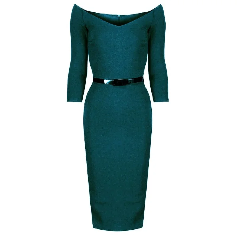 Teal Wide V Neck 3/4 Sleeve Vintage Style Belted Bodycon Pencil Dress Bodycon Dress Summer