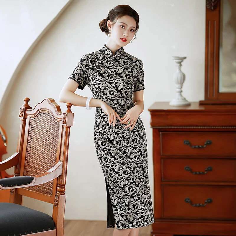 (M-5Xl) Plus Size Mod Vintage Black Cheongsam Dress Plus Size Skirt