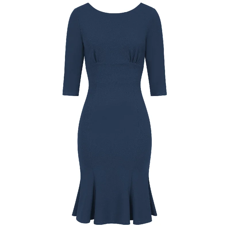 Navy Blue 1940's Vintage 3/4 Sleeve Bodycon Peplum Hem Dress Bodycon Dress Curve