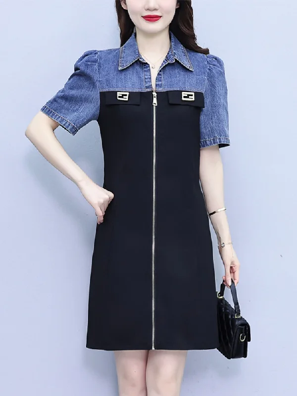 Plus Size Puff Sleeve Denim Black Dress Plus Size Dressy