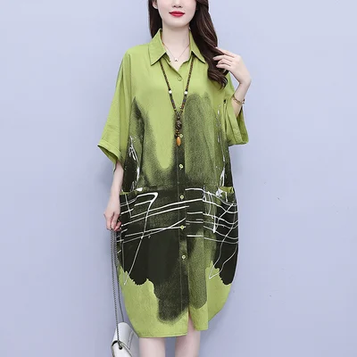 Plus Size Loose Pocket Art Shirt Dress Plus Size Wide-leg