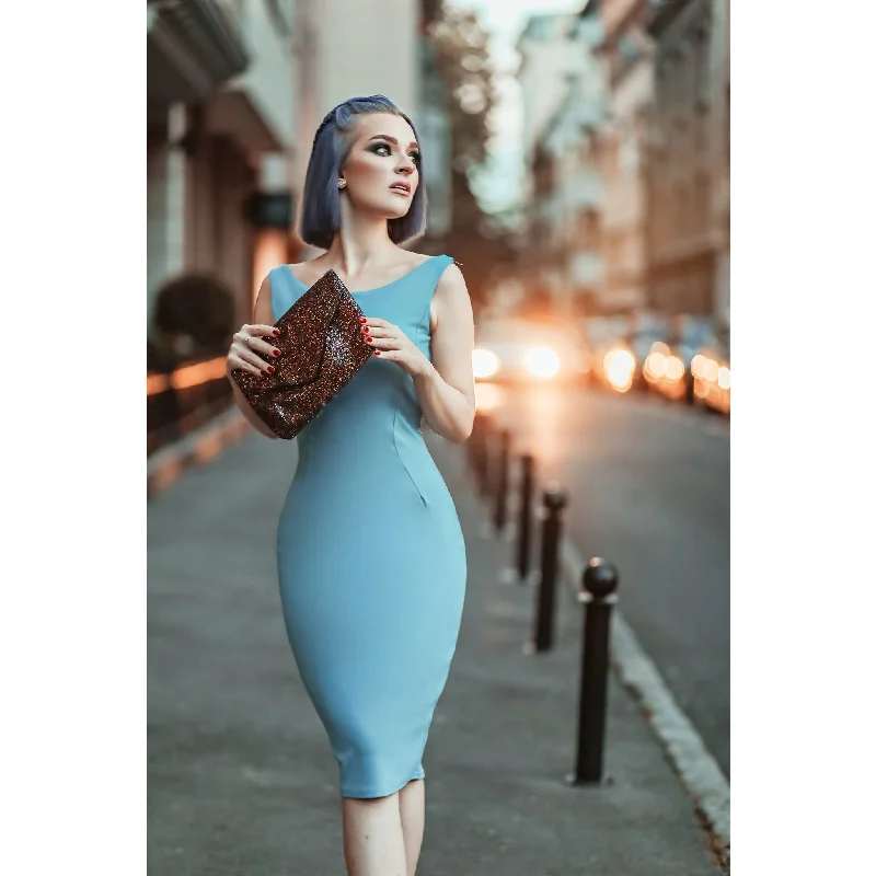 Mid Blue 40s Bodycon Sleeveless Hollywood Wiggle Dress Bold Bodycon Dress