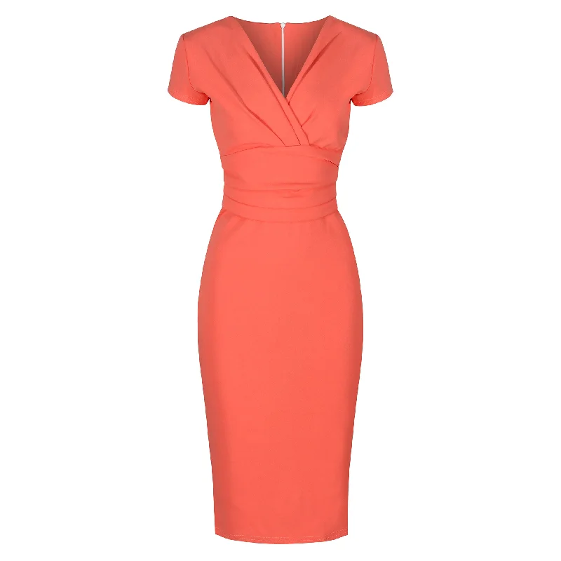 Coral Deep V Cap Sleeve Bodycon Ruched Waist Wiggle Dress Colorblock Bodycon Dress