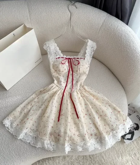 Cute A Line Straps Print Floral Chiffon Lace Short  Homecoming Dress Outfits DP1276